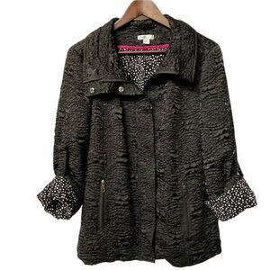 PULI Women Black Jacket Size M Textured Full-Zip and Buttons, Waist Tie, Pockets
